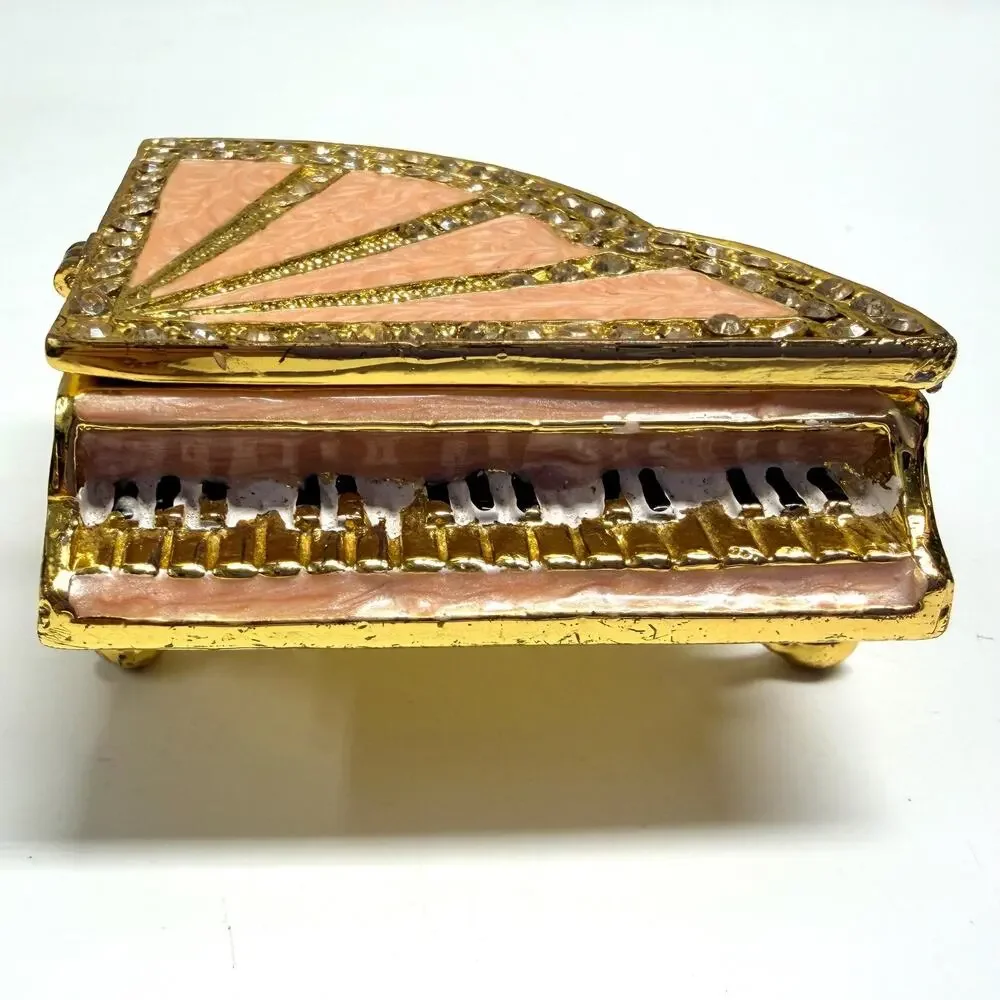 Vintage Grand Piano Metal Enameled Faux Crystal Trinket Box